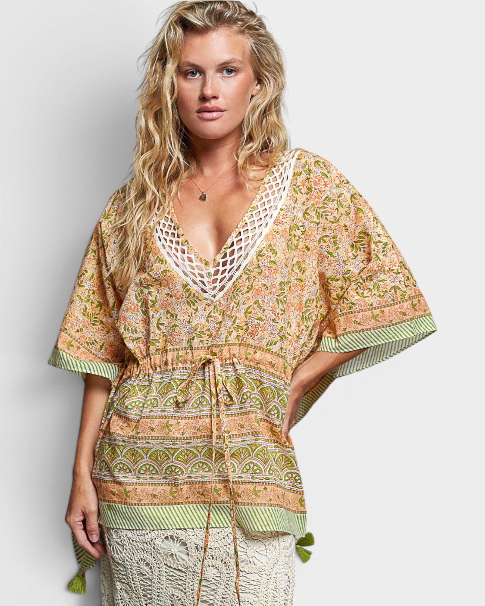 Coral Floral Print Crochet Neck Drawstring Tunic