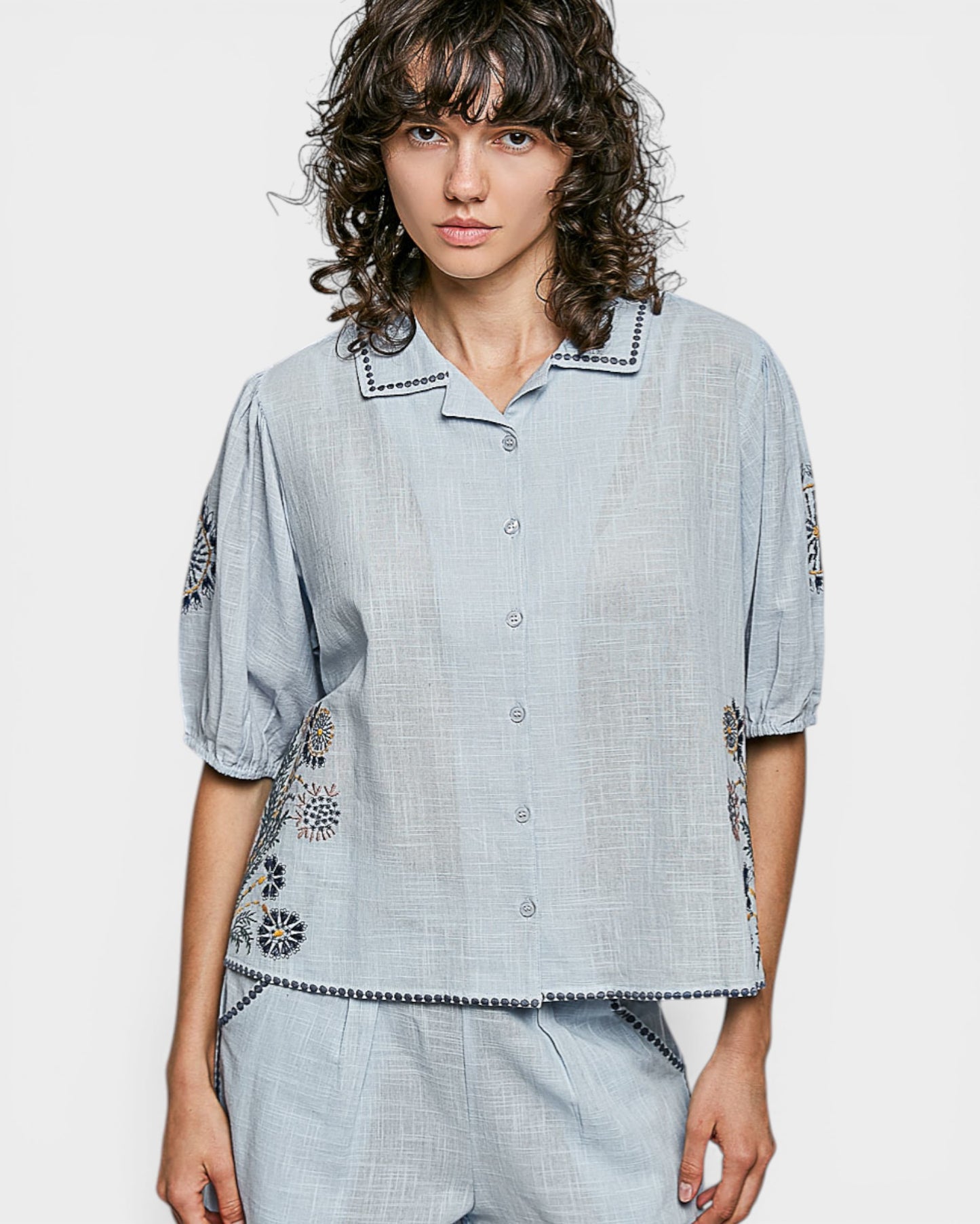 Powder Blue Embroidered Button Front Blouse