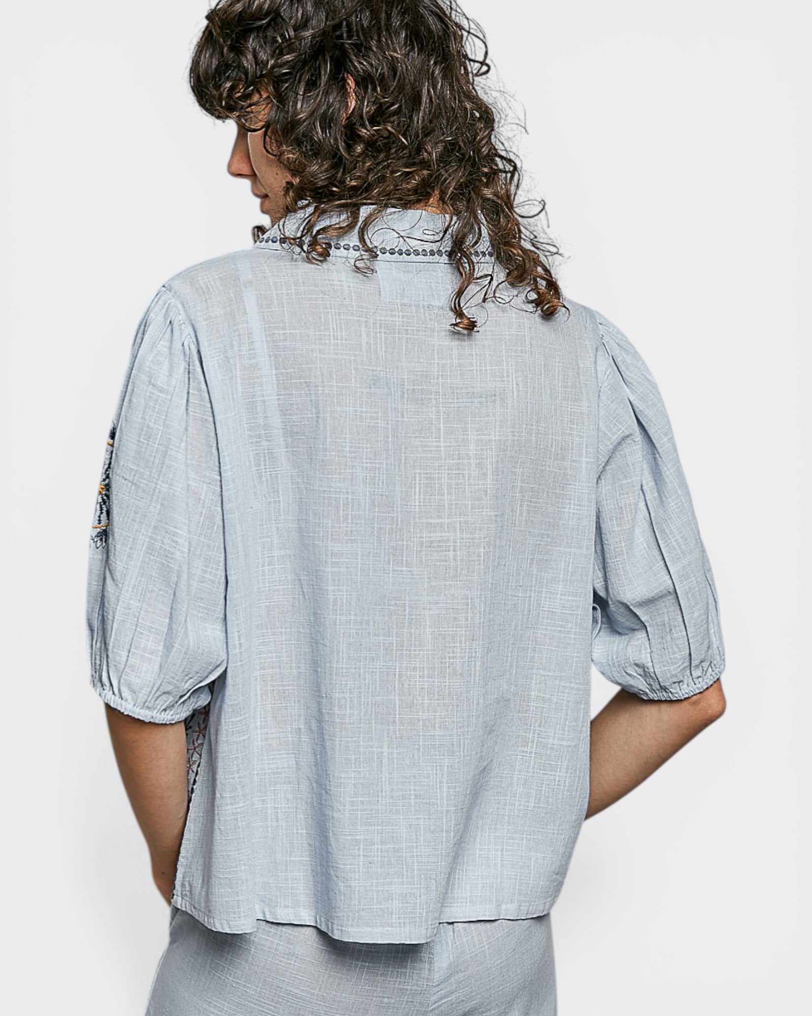 Powder Blue Embroidered Button Front Blouse