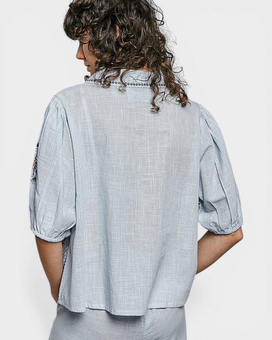Powder Blue Embroidered Button Front Blouse