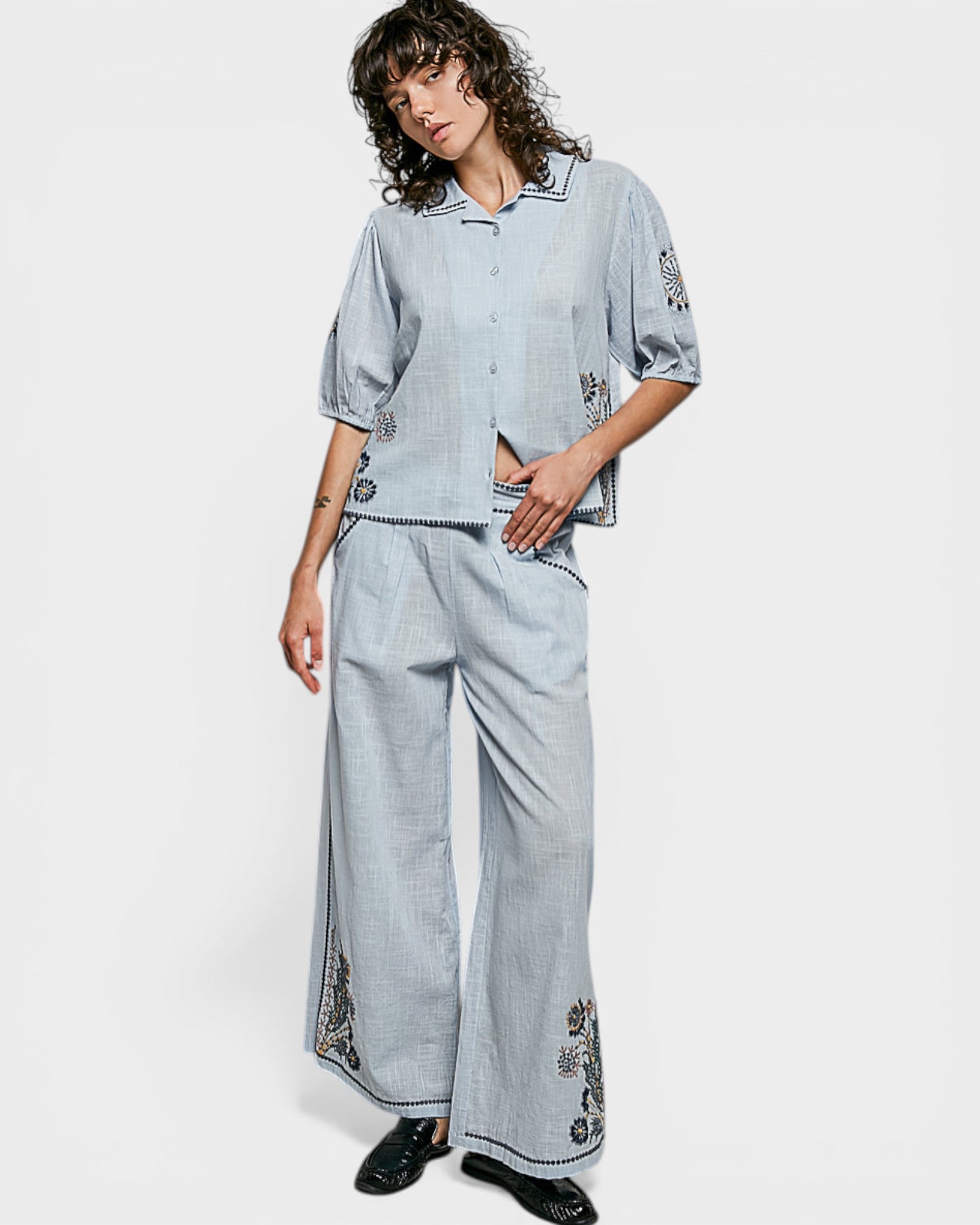 Powder Blue Embroidered Button Front Blouse