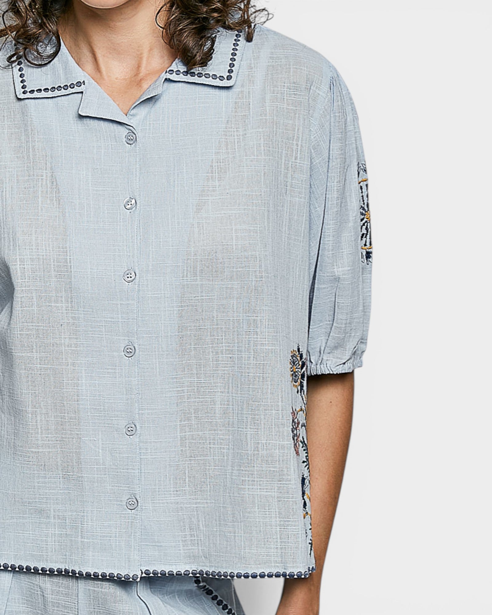 Powder Blue Embroidered Button Front Blouse