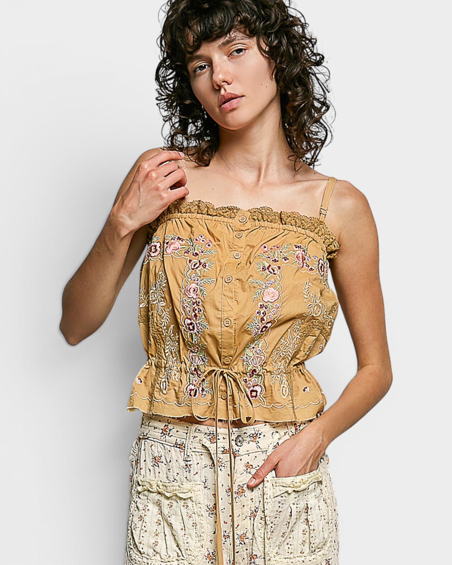 Camel Embroidered Cotton Cami Top