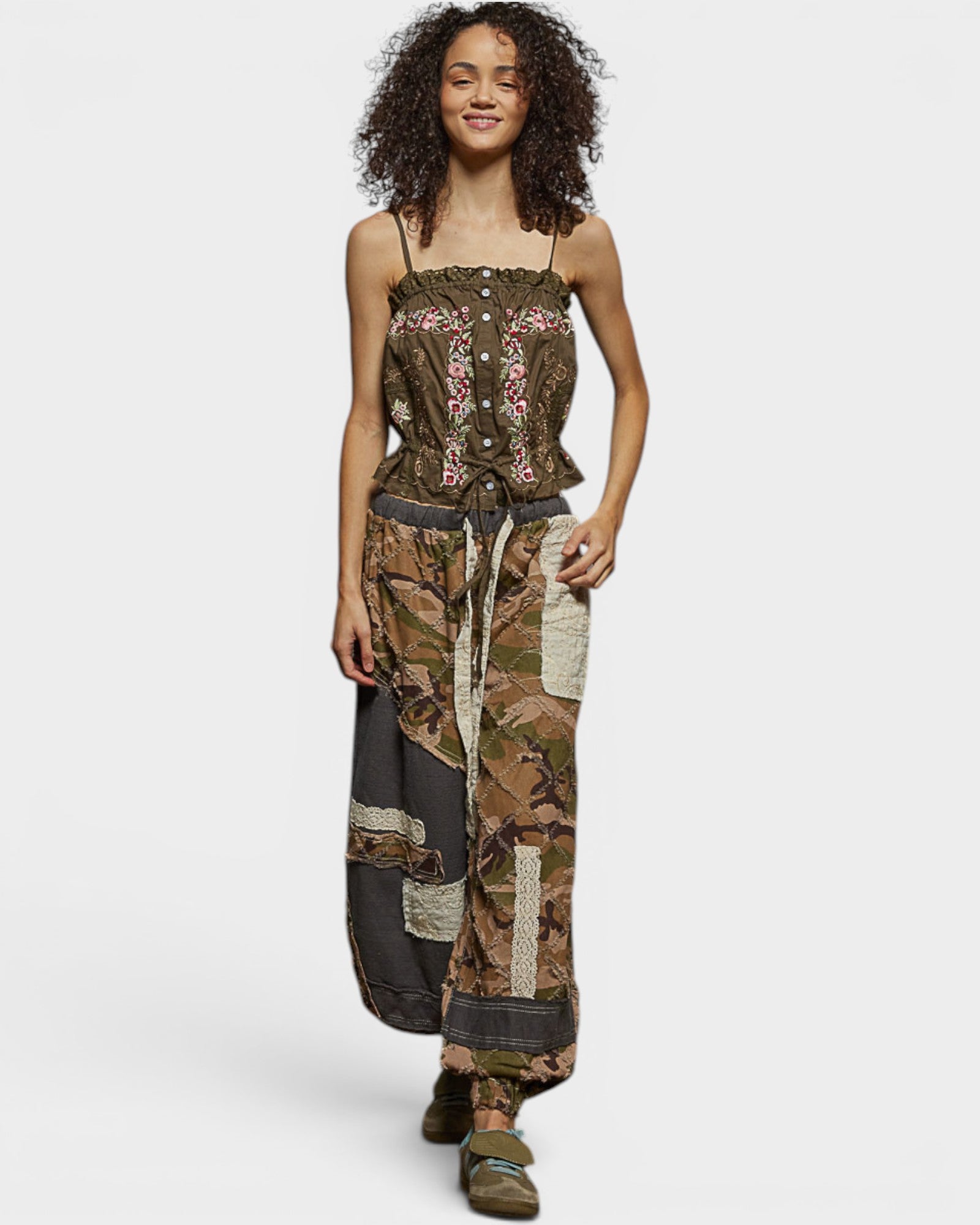 Olive Embroidered Cotton Cami Top
