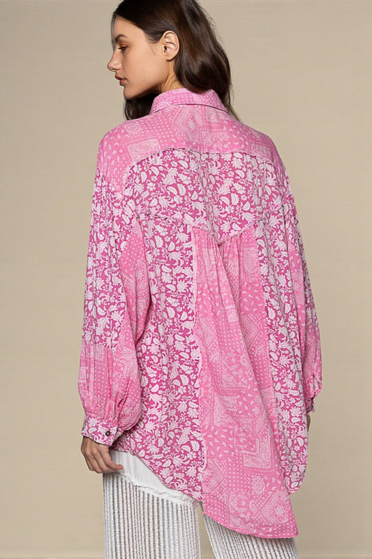 Pink Patchwork Floral Button Down Shirt