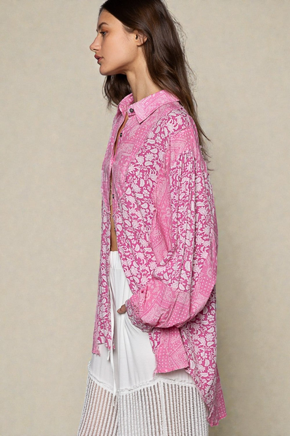 Pink Patchwork Floral Button Down Shirt