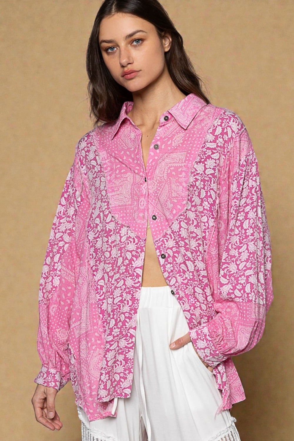 Pink Patchwork Floral Button Down Shirt