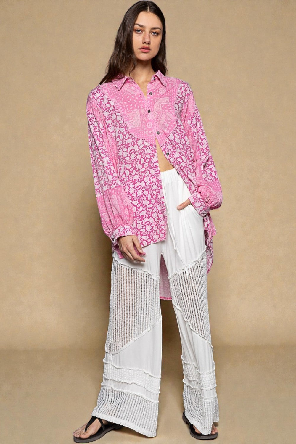 Pink Patchwork Floral Button Down Shirt