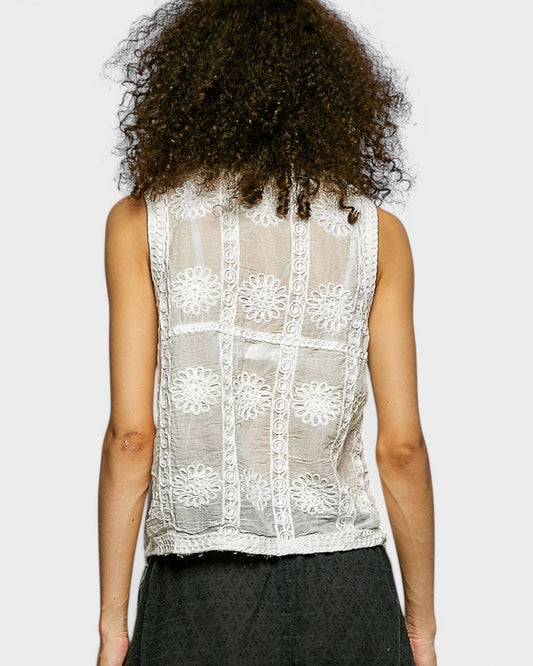Person wearing a sleeveless lace top on a plain background