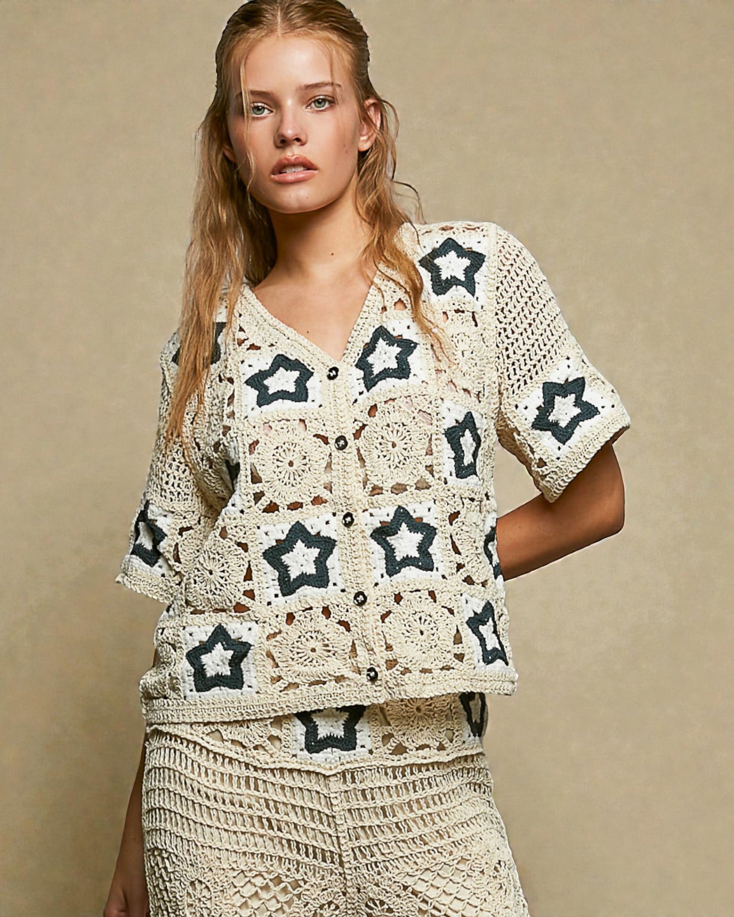 Natural Crochet Star Button-Up Top