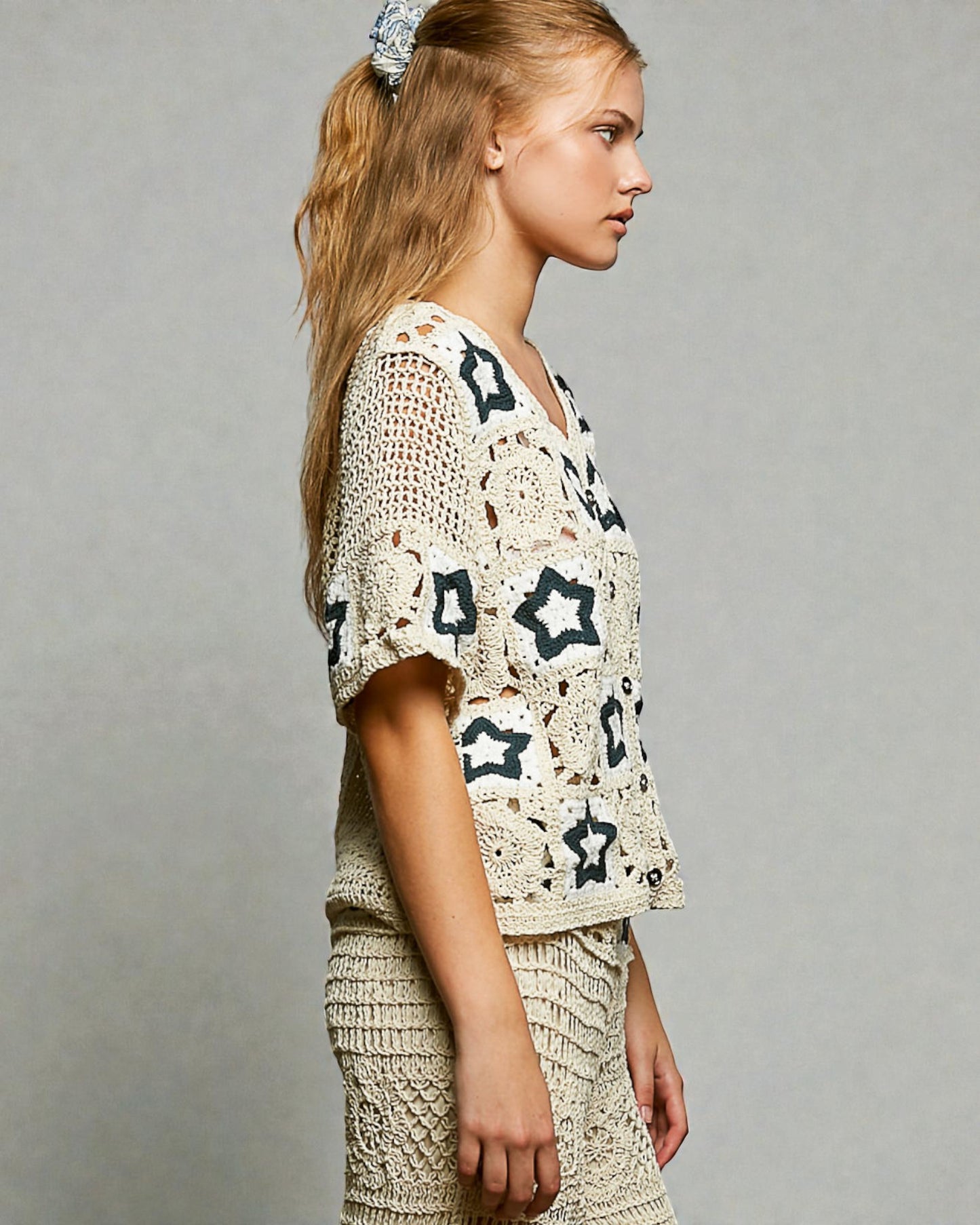 Natural Crochet Star Button-Up Top