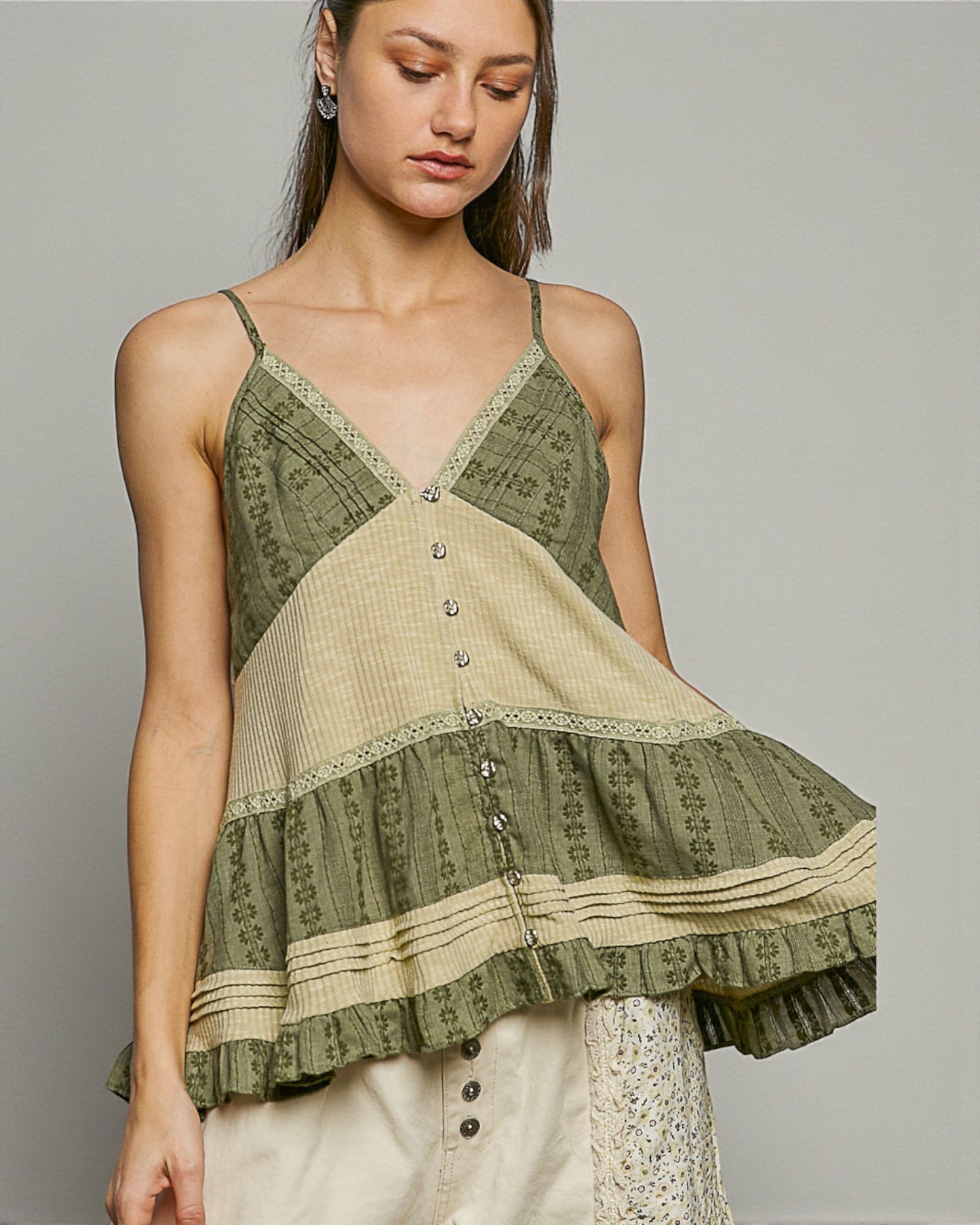 Olive Patchwork Button Front Tank