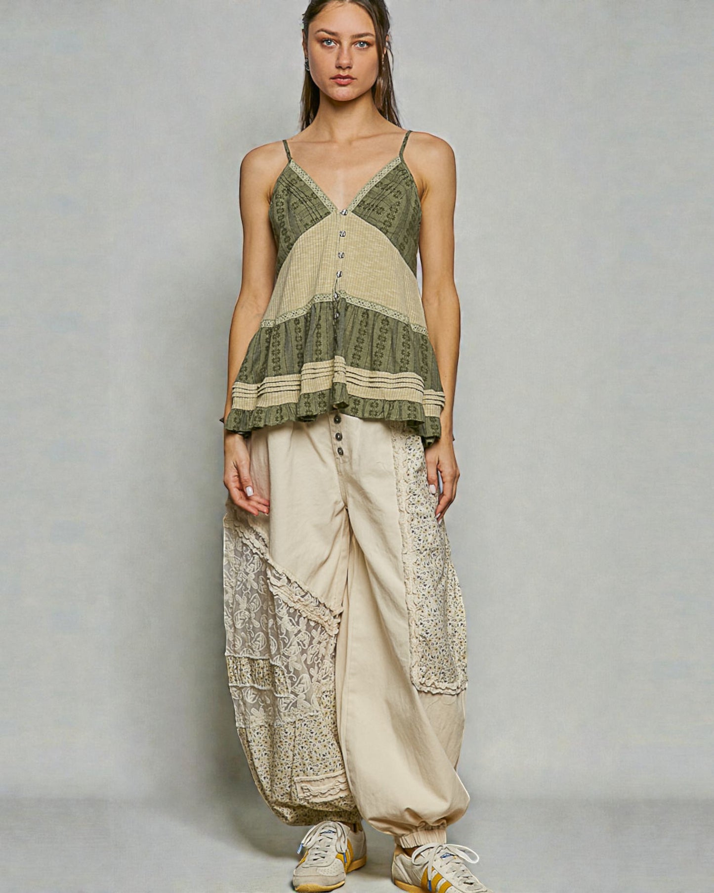 Olive Patchwork Button Front Tank