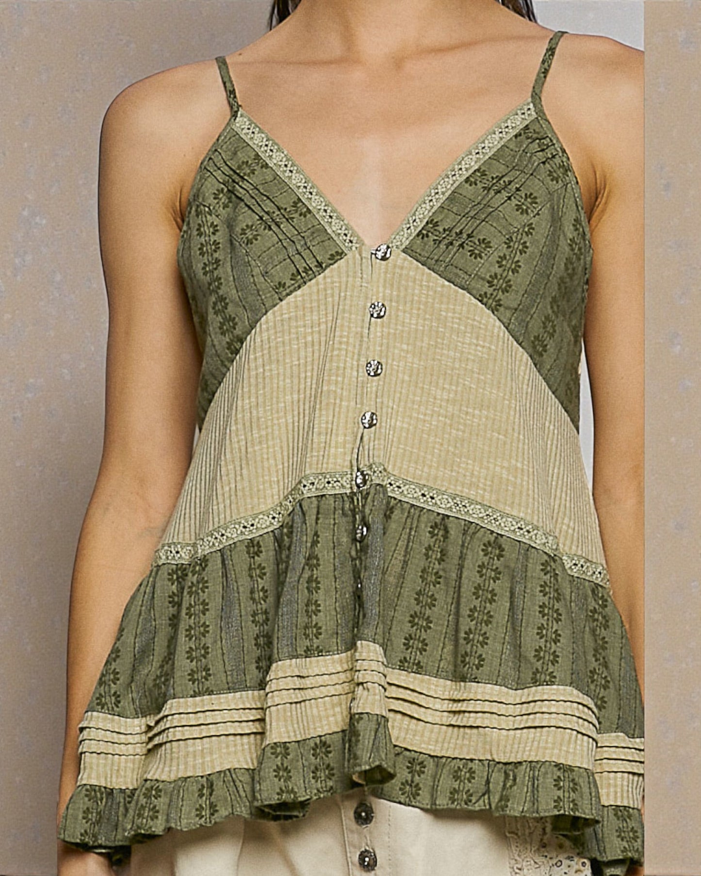 Olive Patchwork Button Front Tank