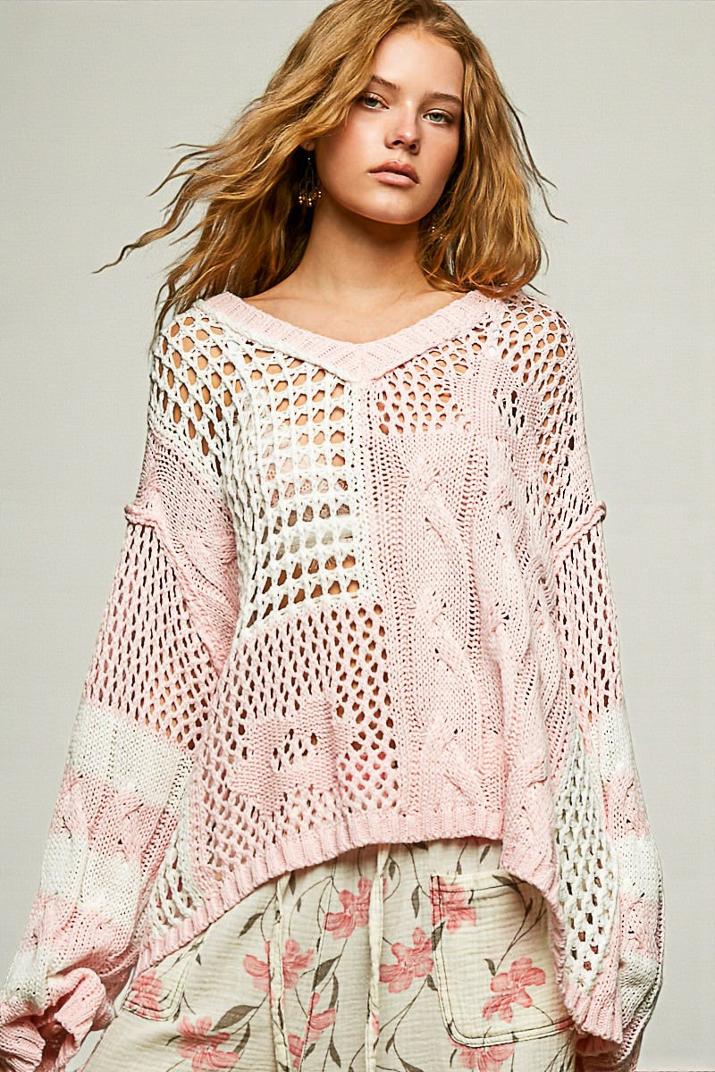 Blush & Ivory Patchwork Open Knit Sweater