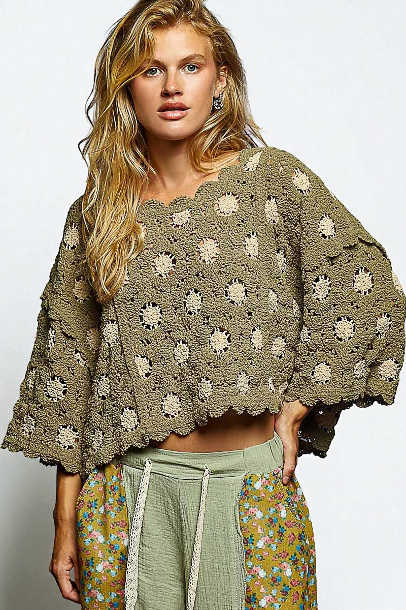 Olive Crochet Floral Sweater Top