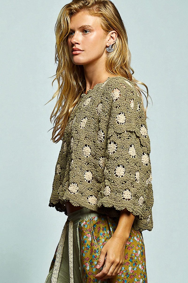 Olive Crochet Floral Sweater Top