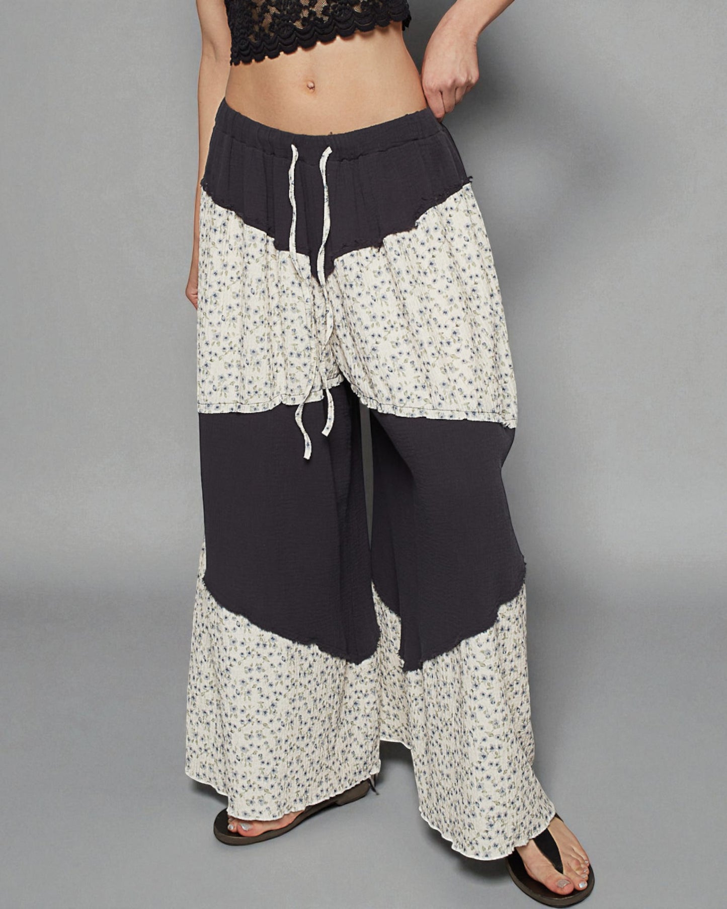 Charcoal & Cream Floral Patchwork Wide Leg Pants