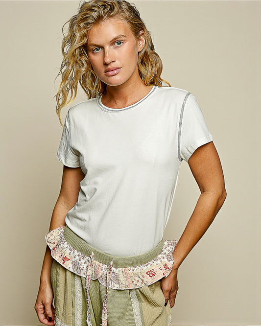 Soft Ivory Contrast Stitch Cropped Tee