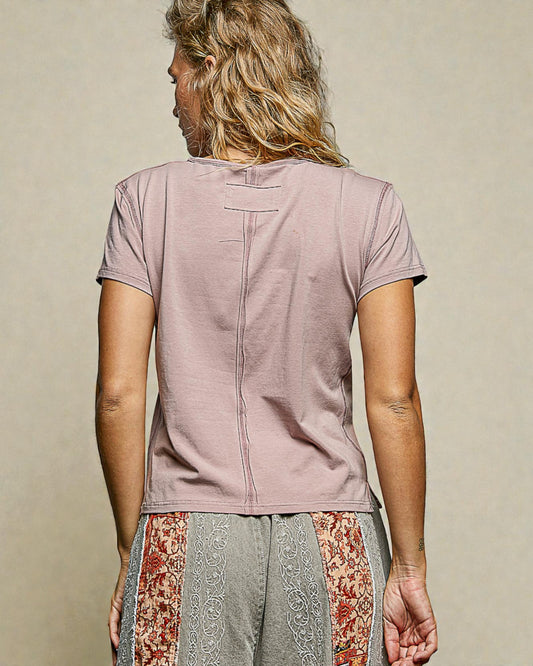 Dusty Mauve Contrast Stitch Cropped Tee