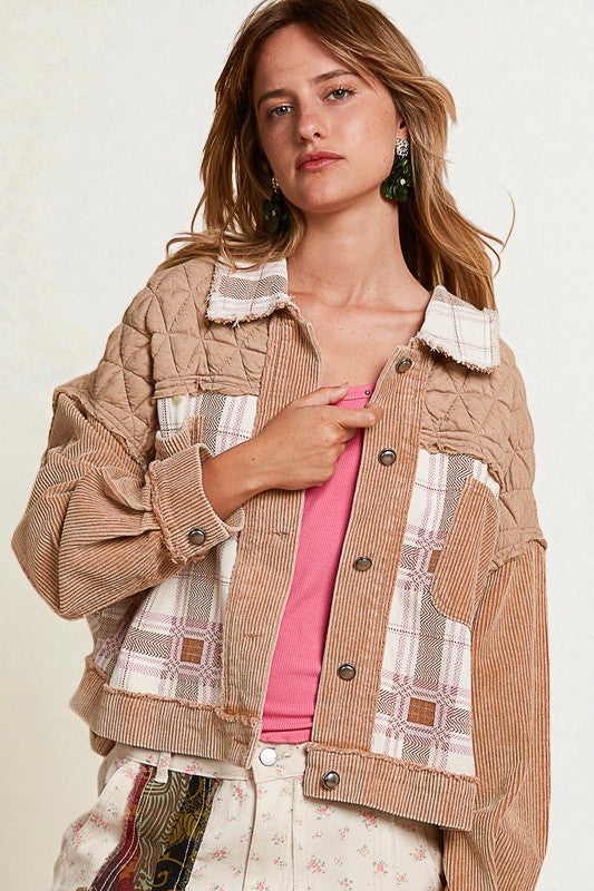 Corduroy Patchwork Button Up Jacket in Sandstone