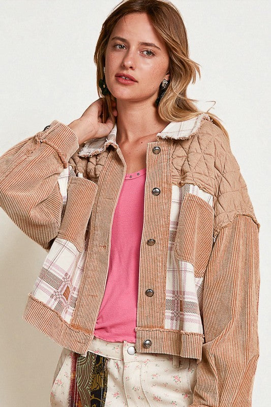 Corduroy Patchwork Button Up Jacket in Sandstone