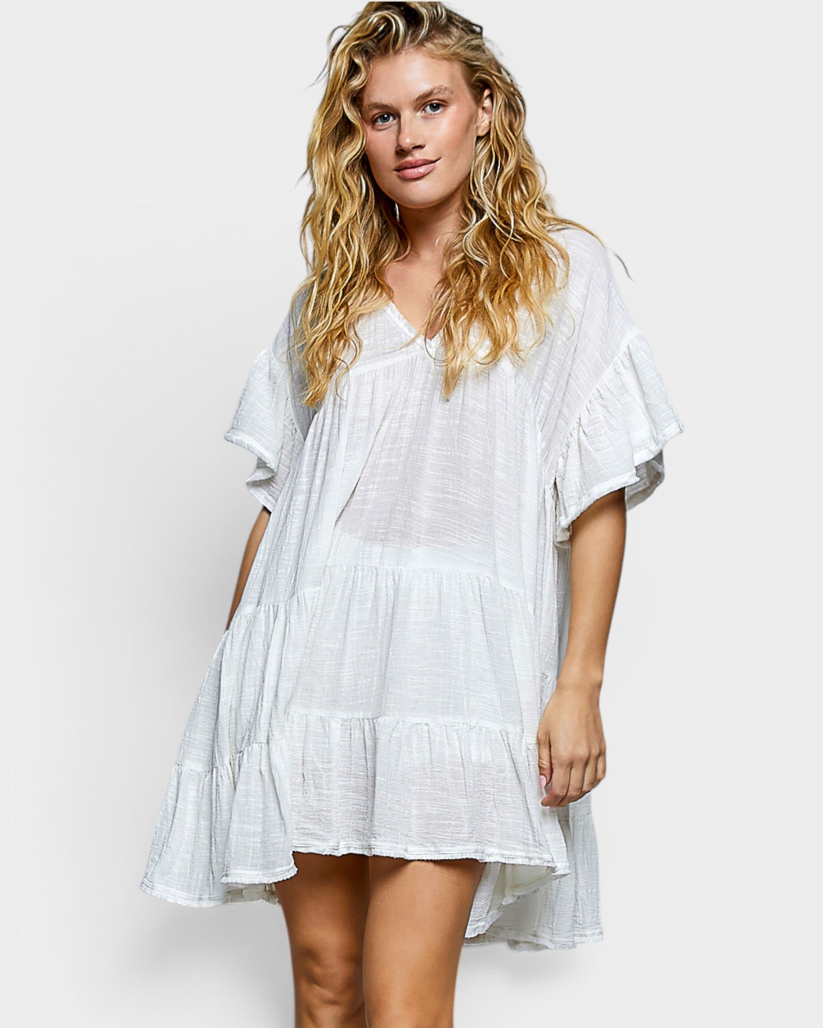 Ivory Cotton Tiered Flutter Sleeve Mini Dress
