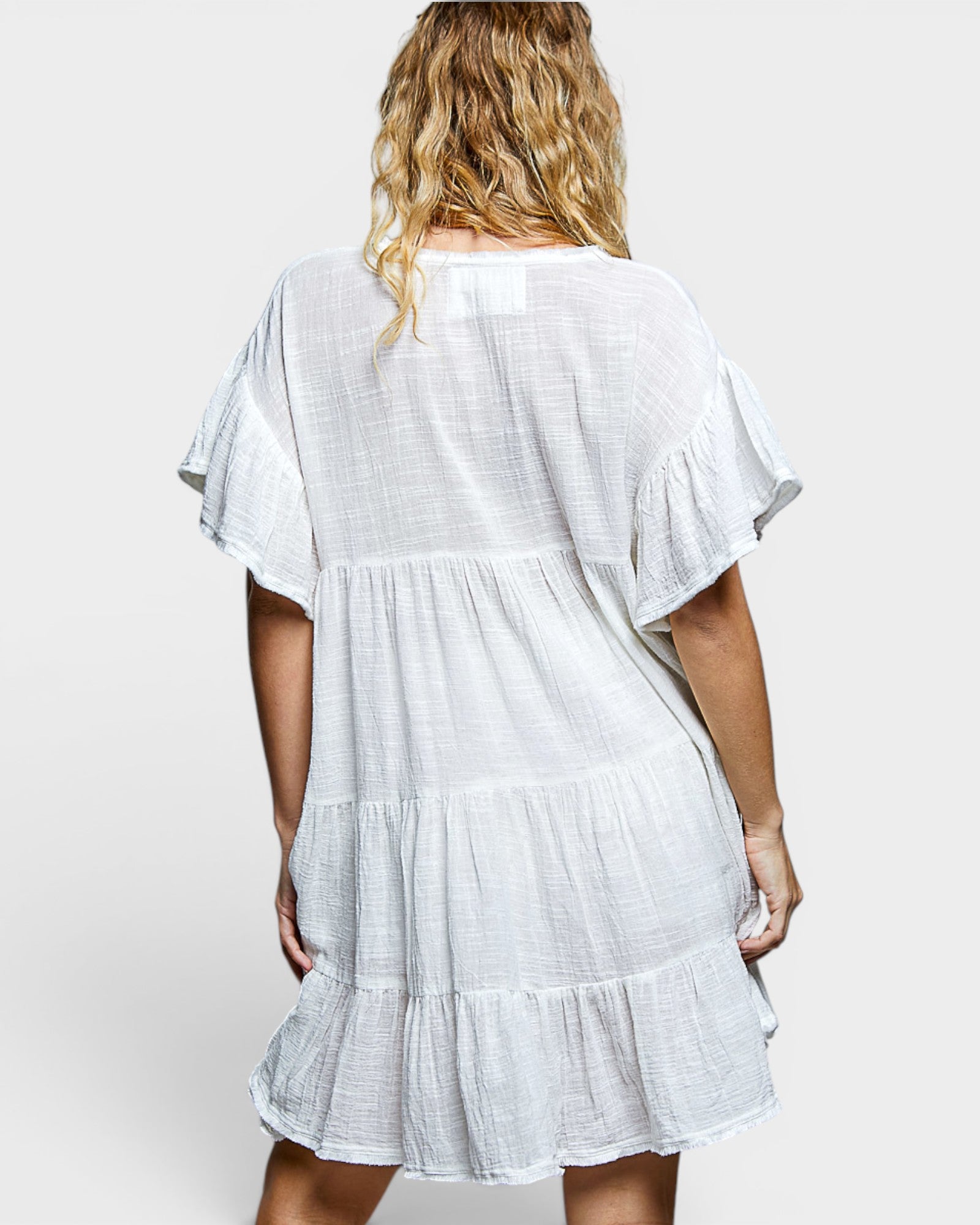 Ivory Cotton Tiered Flutter Sleeve Mini Dress