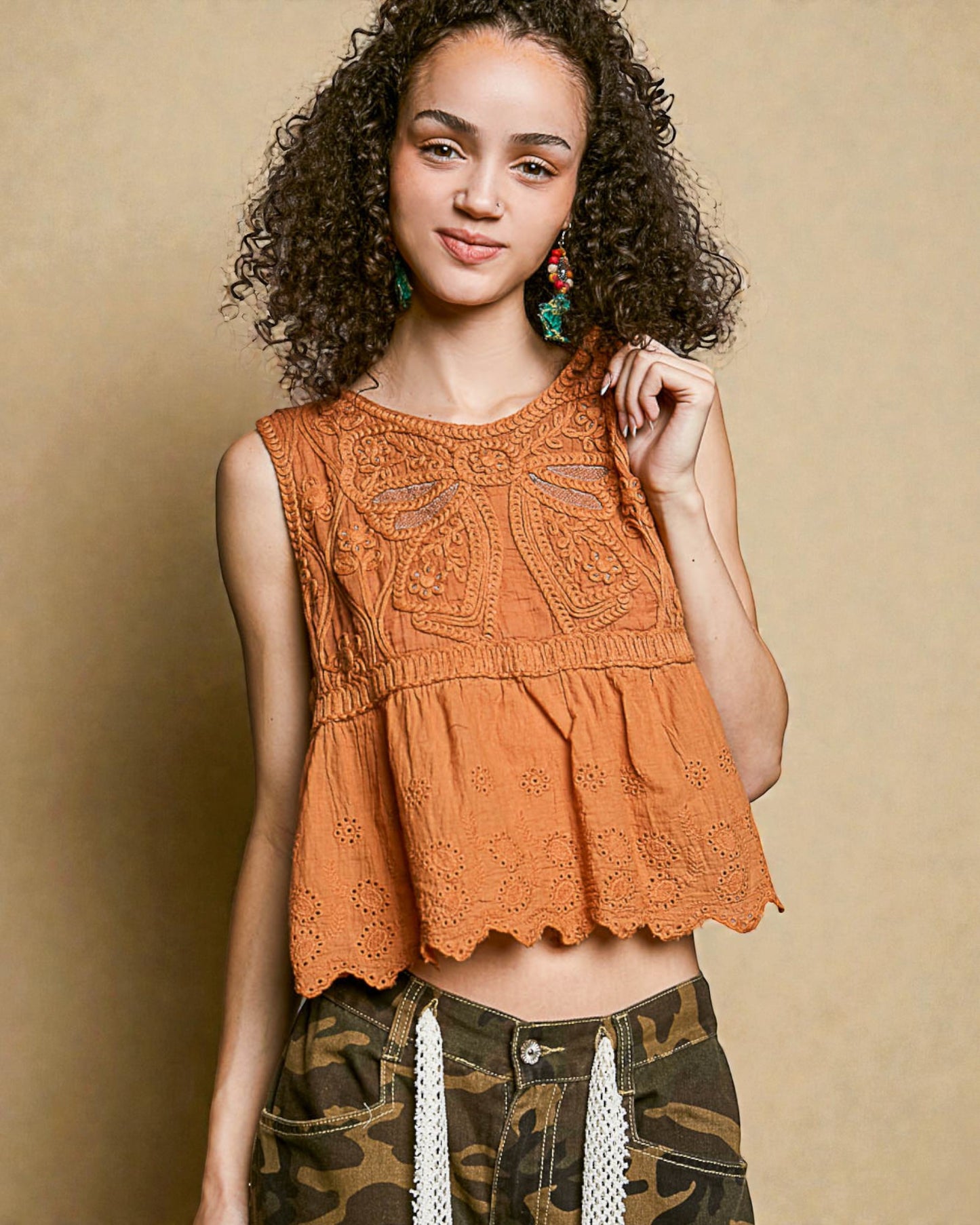 Rust Embroidered Peplum Tank