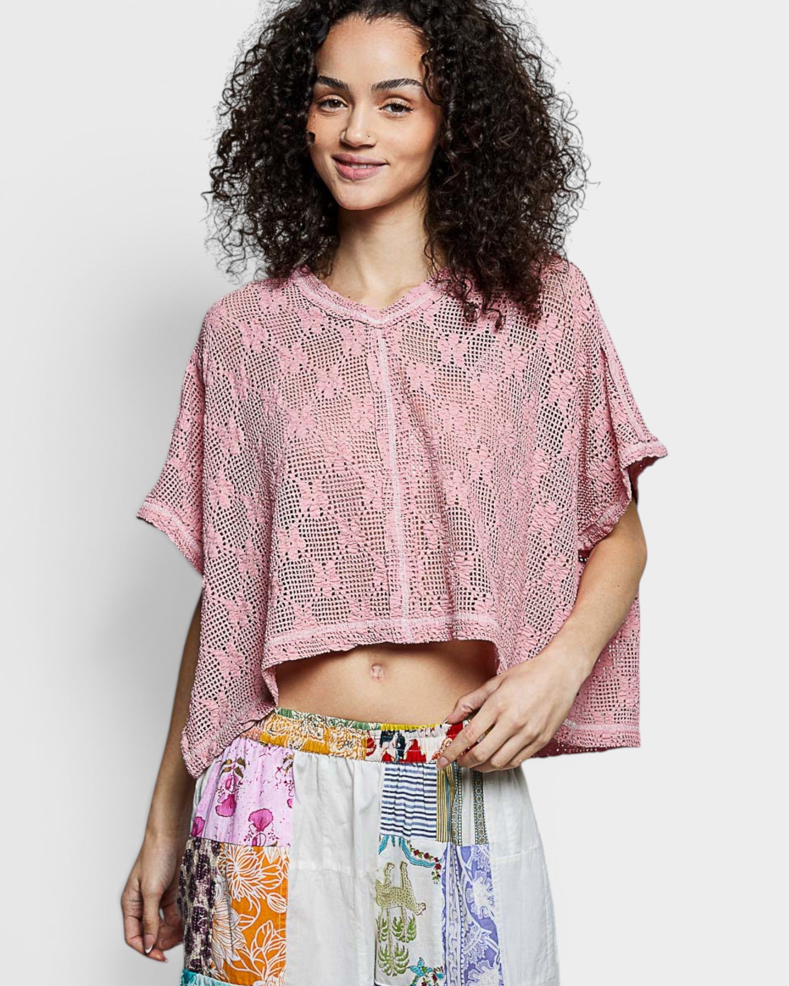 Dusty Rose Crochet Mesh Crop Top