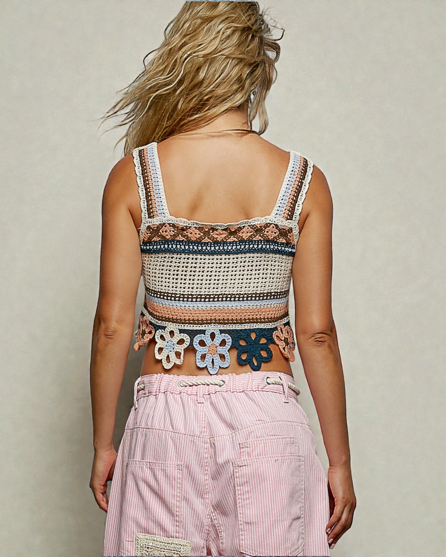 Cream & Blue Crochet Floral Crop Tank