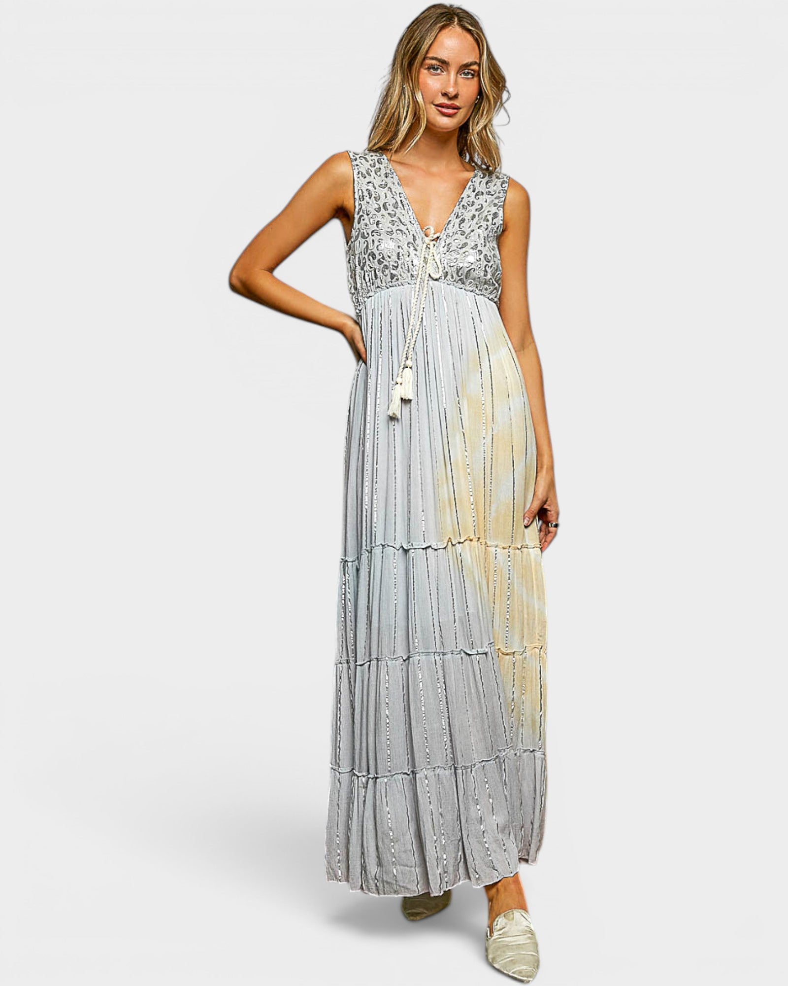 Light Gray Metallic Stripe Maxi Dress