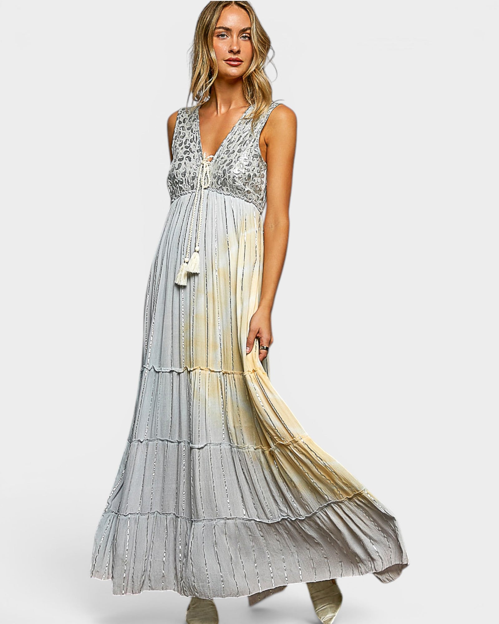 Light Gray Metallic Stripe Maxi Dress