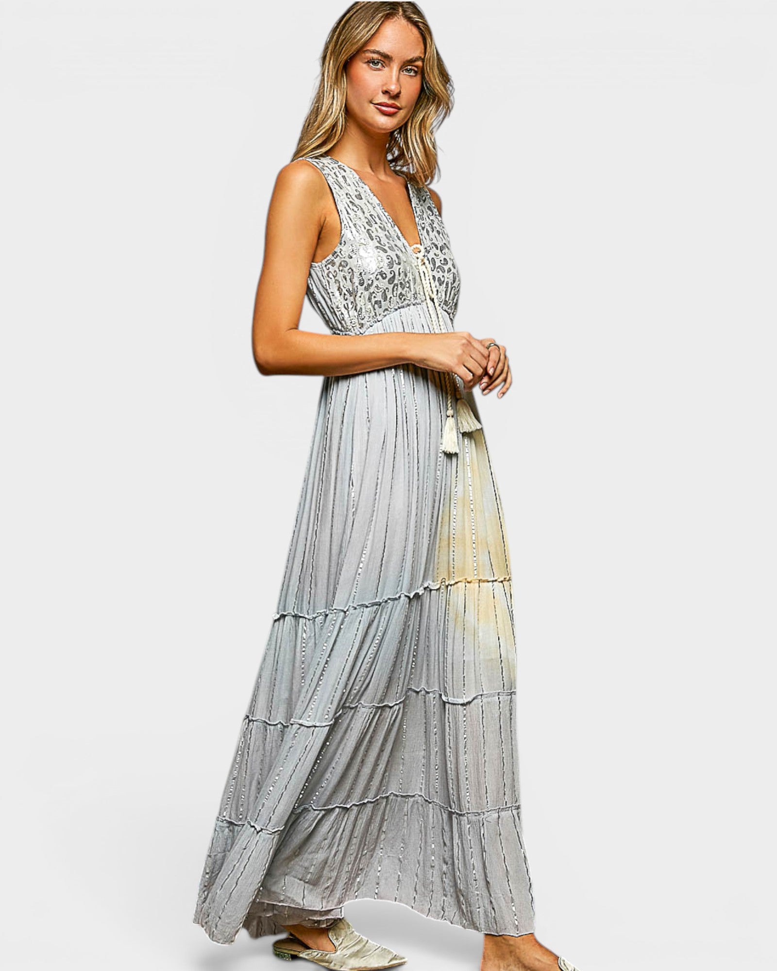 Light Gray Metallic Stripe Maxi Dress
