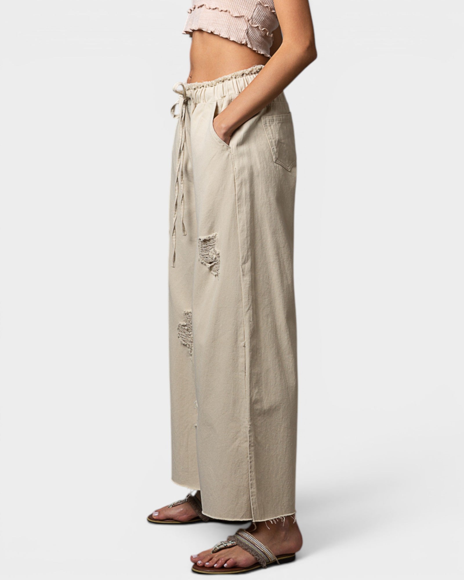 Cream Distressed Wide Leg Pants
