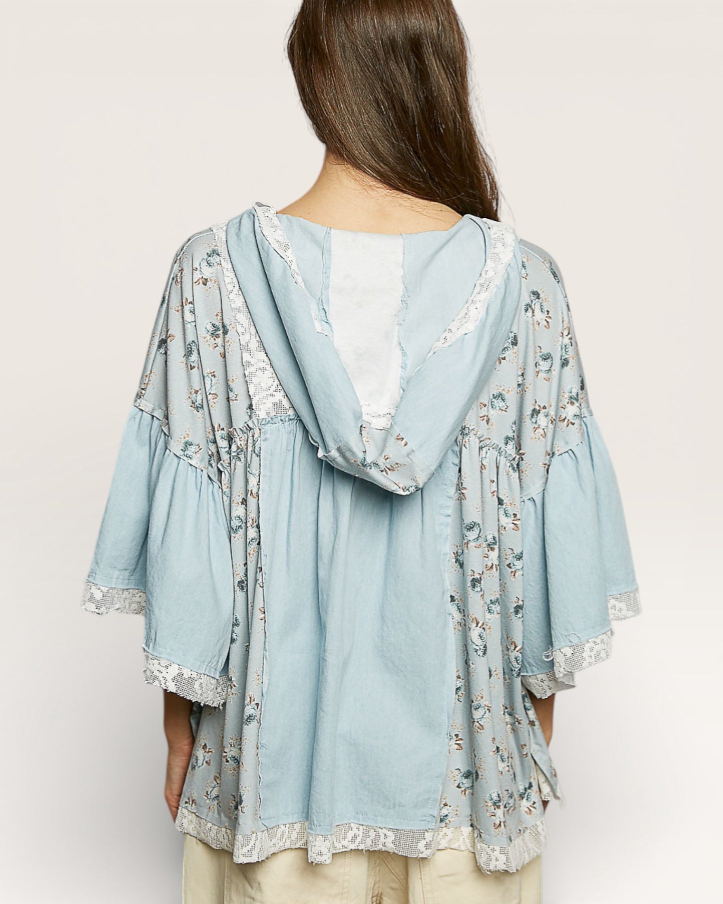 Light blue floral kimono-style top worn by a person on a plain background