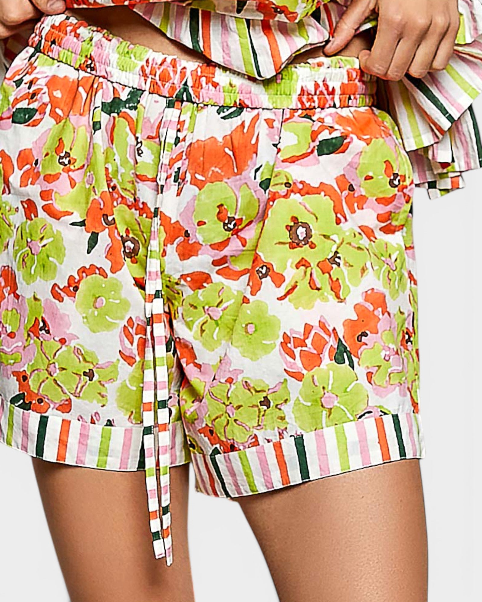 Lime Floral Cotton Shorts