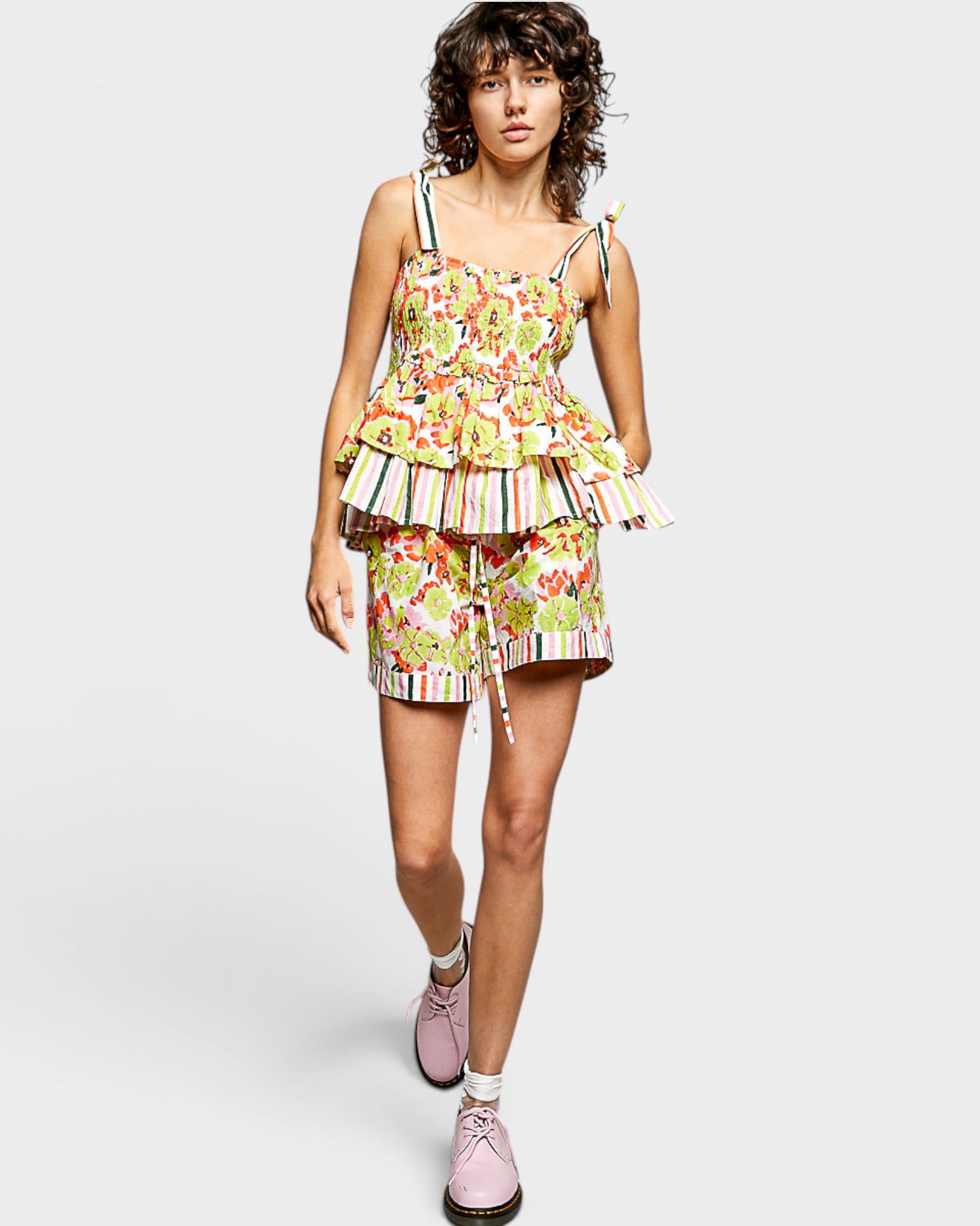 Lime Floral Cotton Shorts