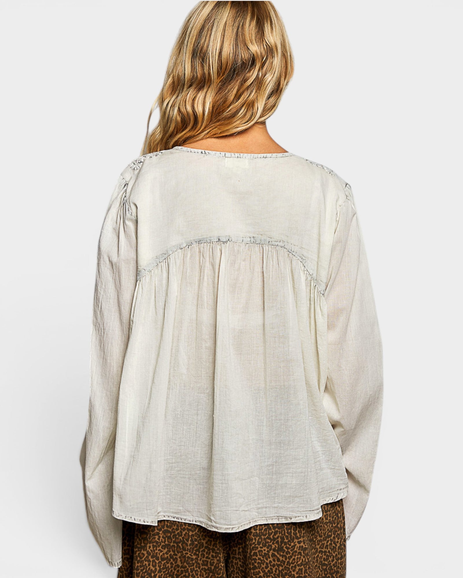 Pale Gray Embroidered Button-Front Blouse
