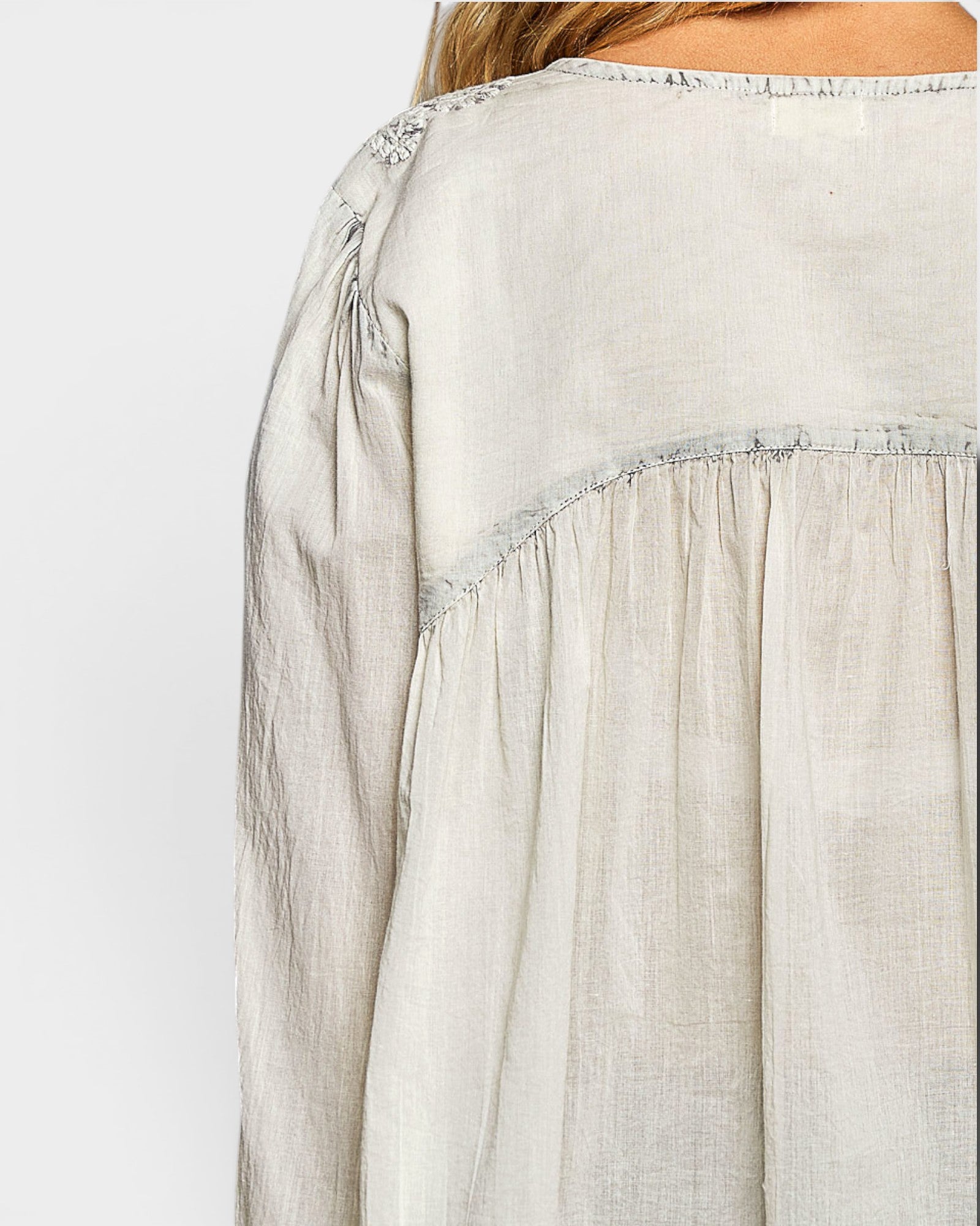Pale Gray Embroidered Button-Front Blouse