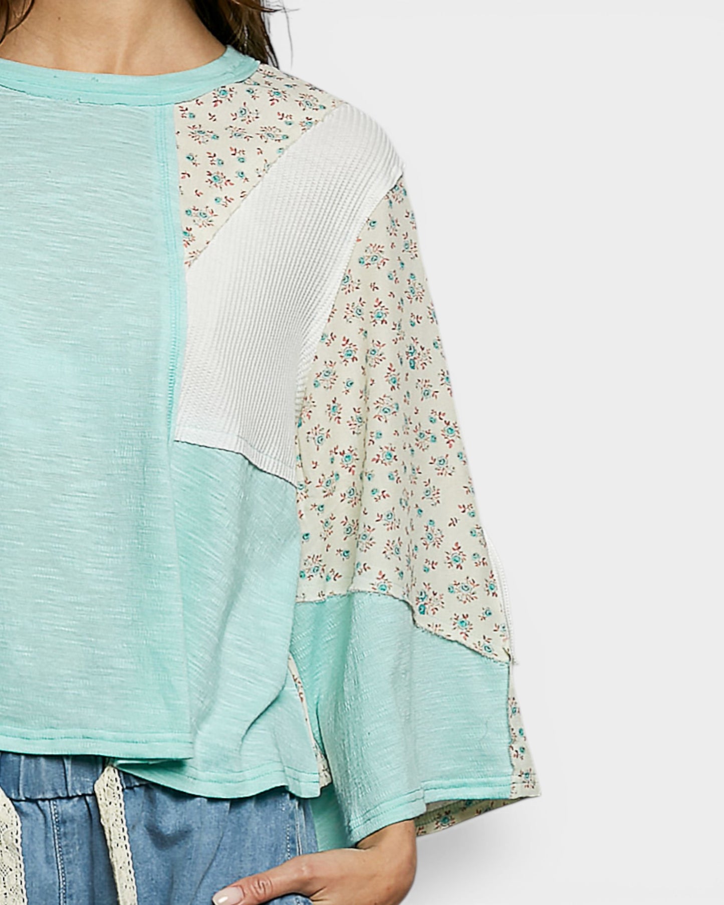 Mint Floral Mixed Fabric Bell Sleeve Top