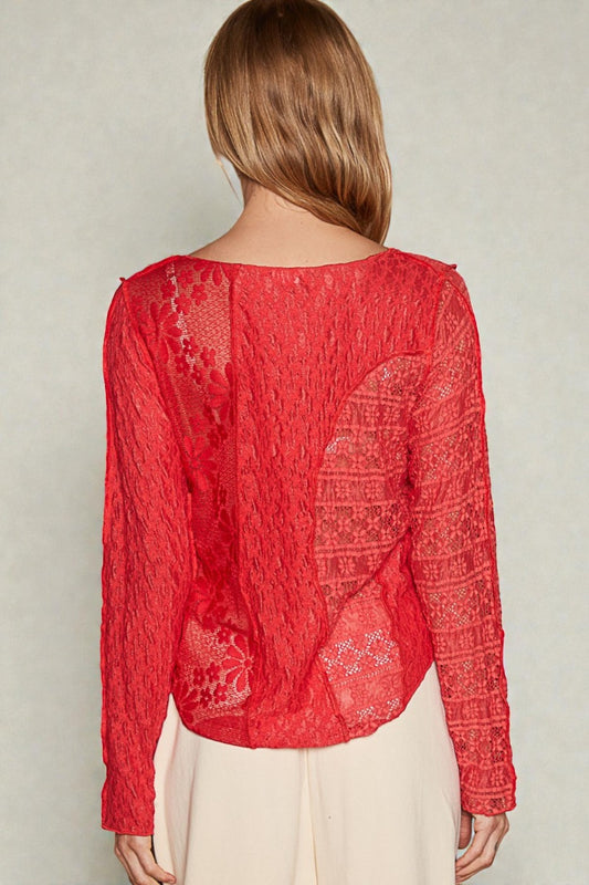 Red Lace Patchwork Long Sleeve Top