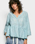 Woman wearing a light blue blouse with a white background