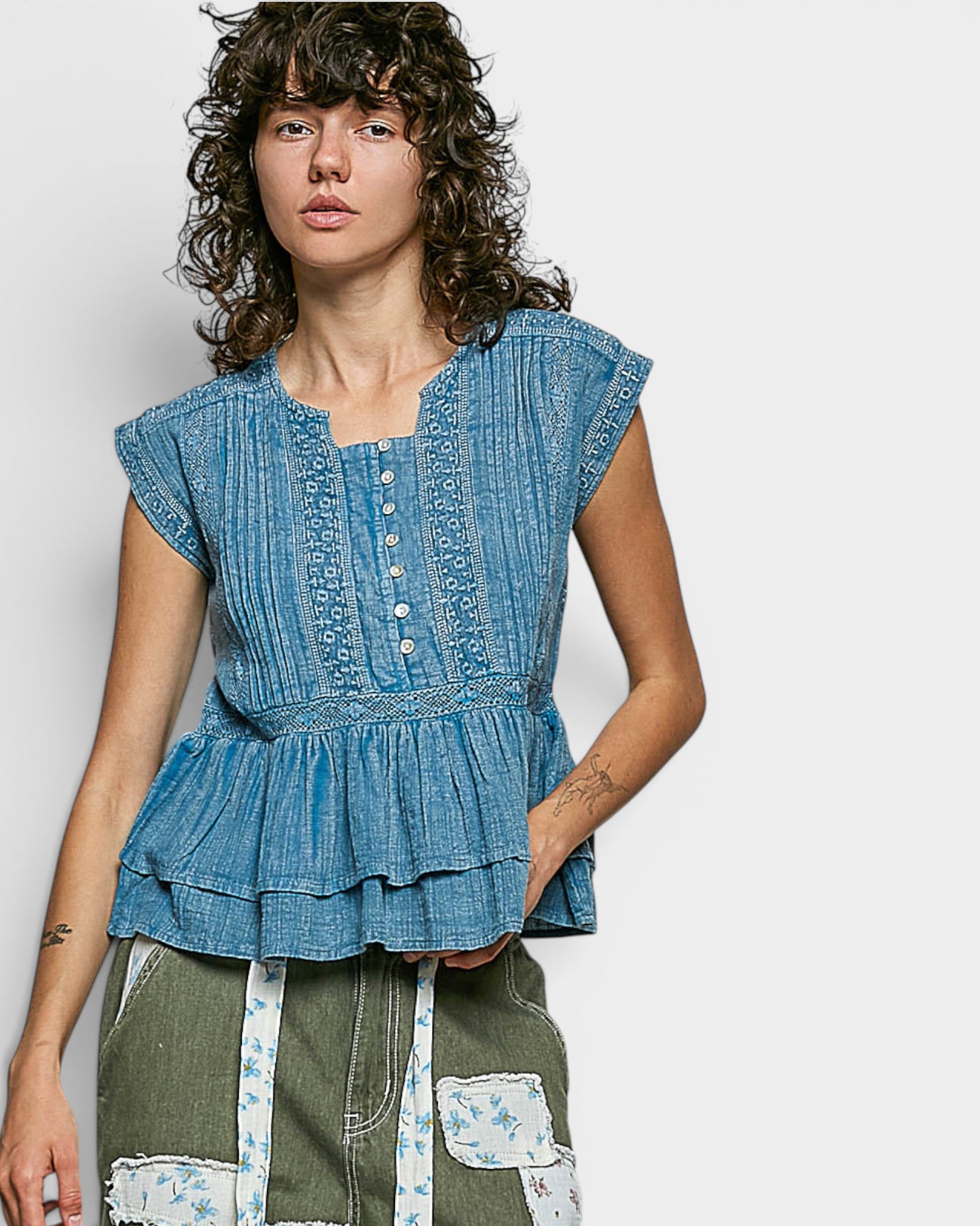 Denim Blue Embroidered Peplum Top