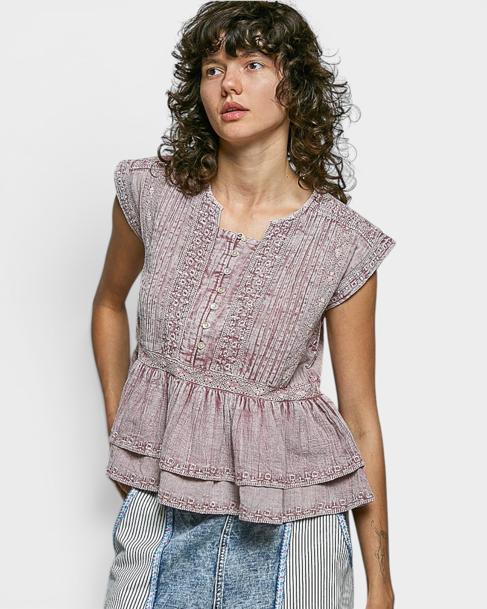 Pink Embroidered Peplum Top