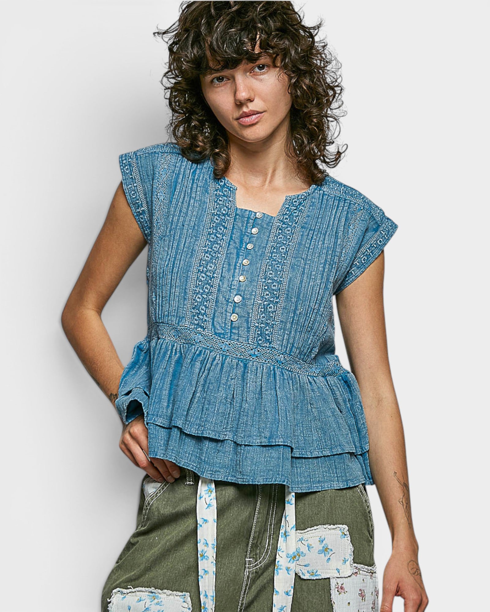 Denim Blue Embroidered Peplum Top