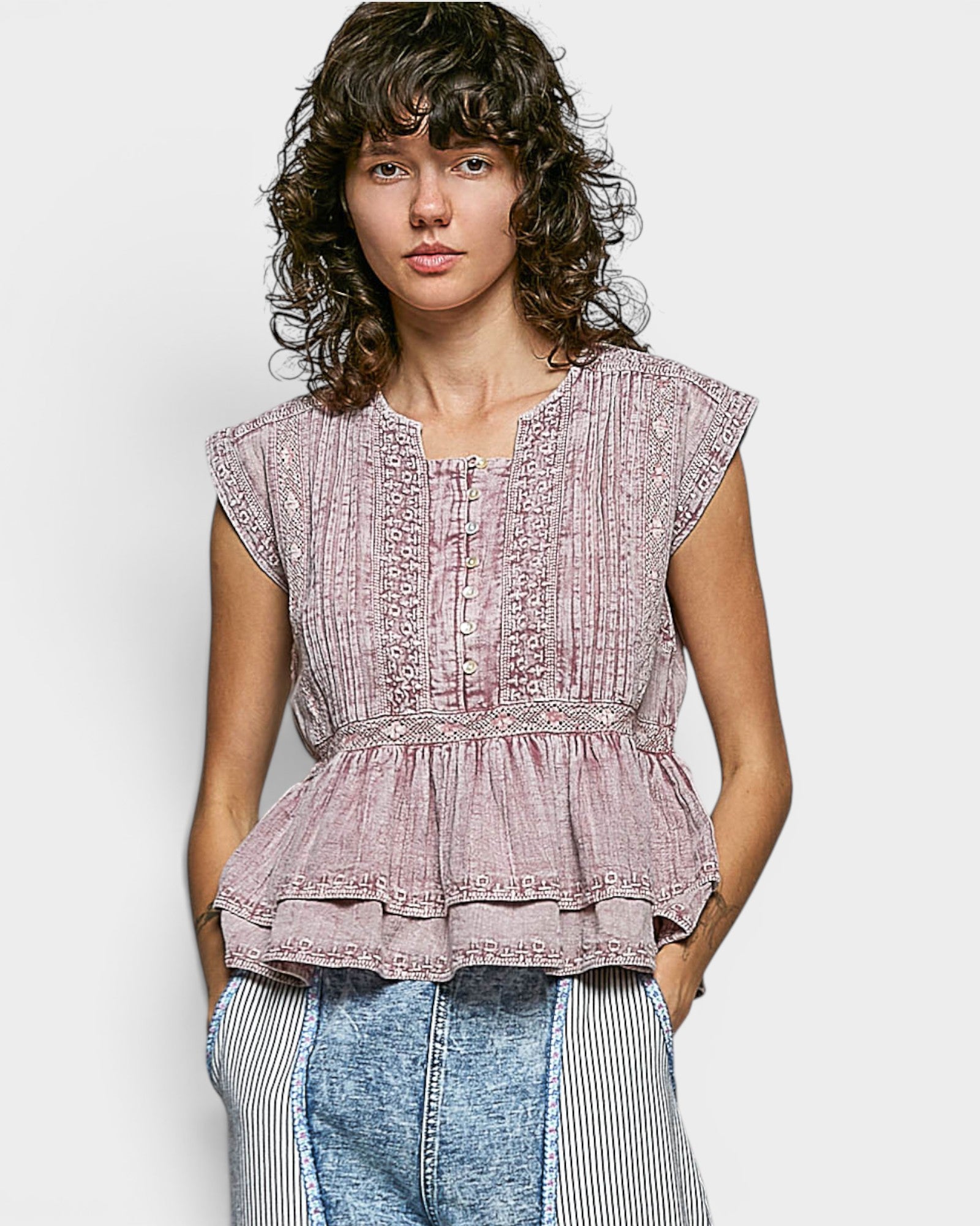 Pink Embroidered Peplum Top