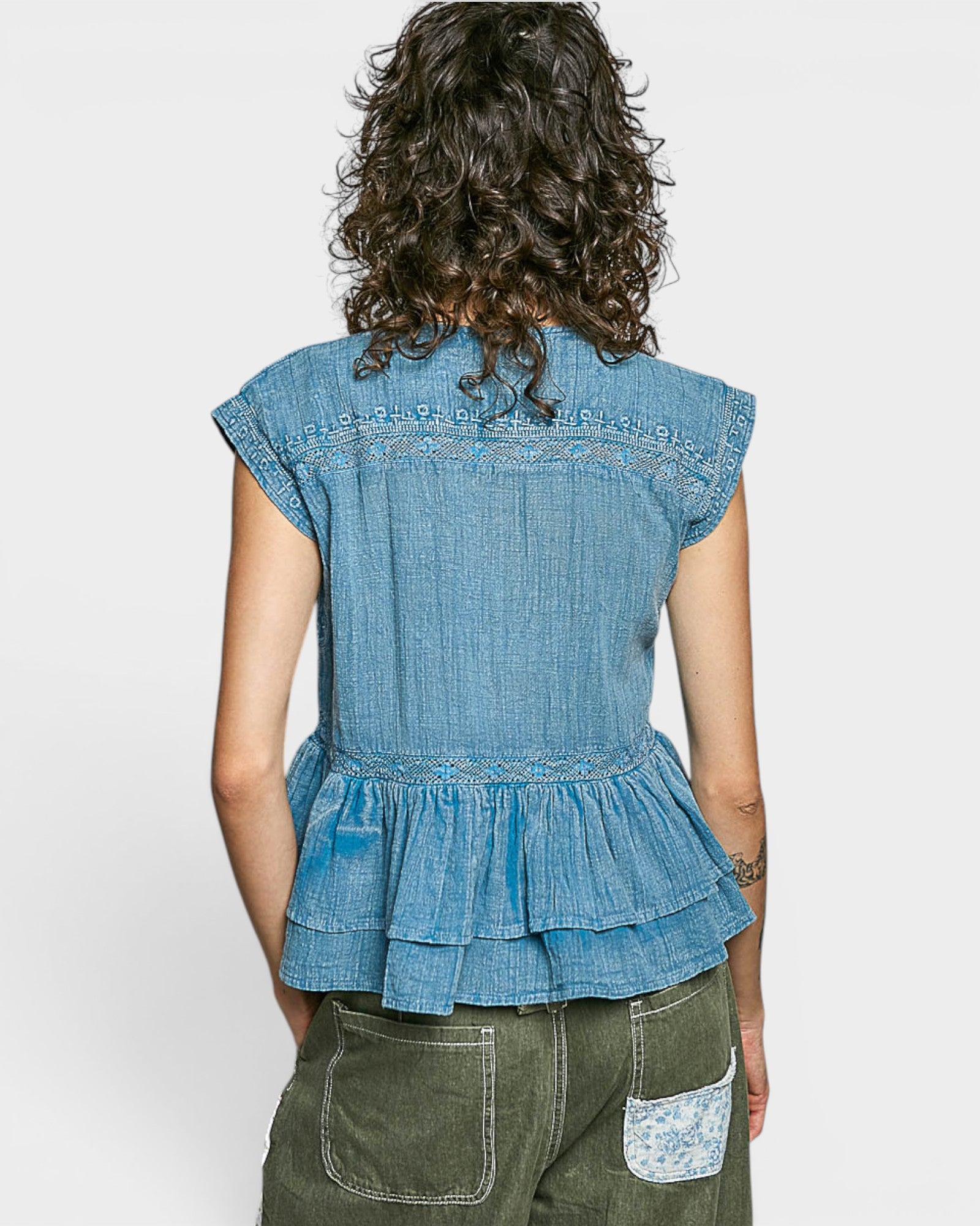 Denim Blue Embroidered Peplum Top