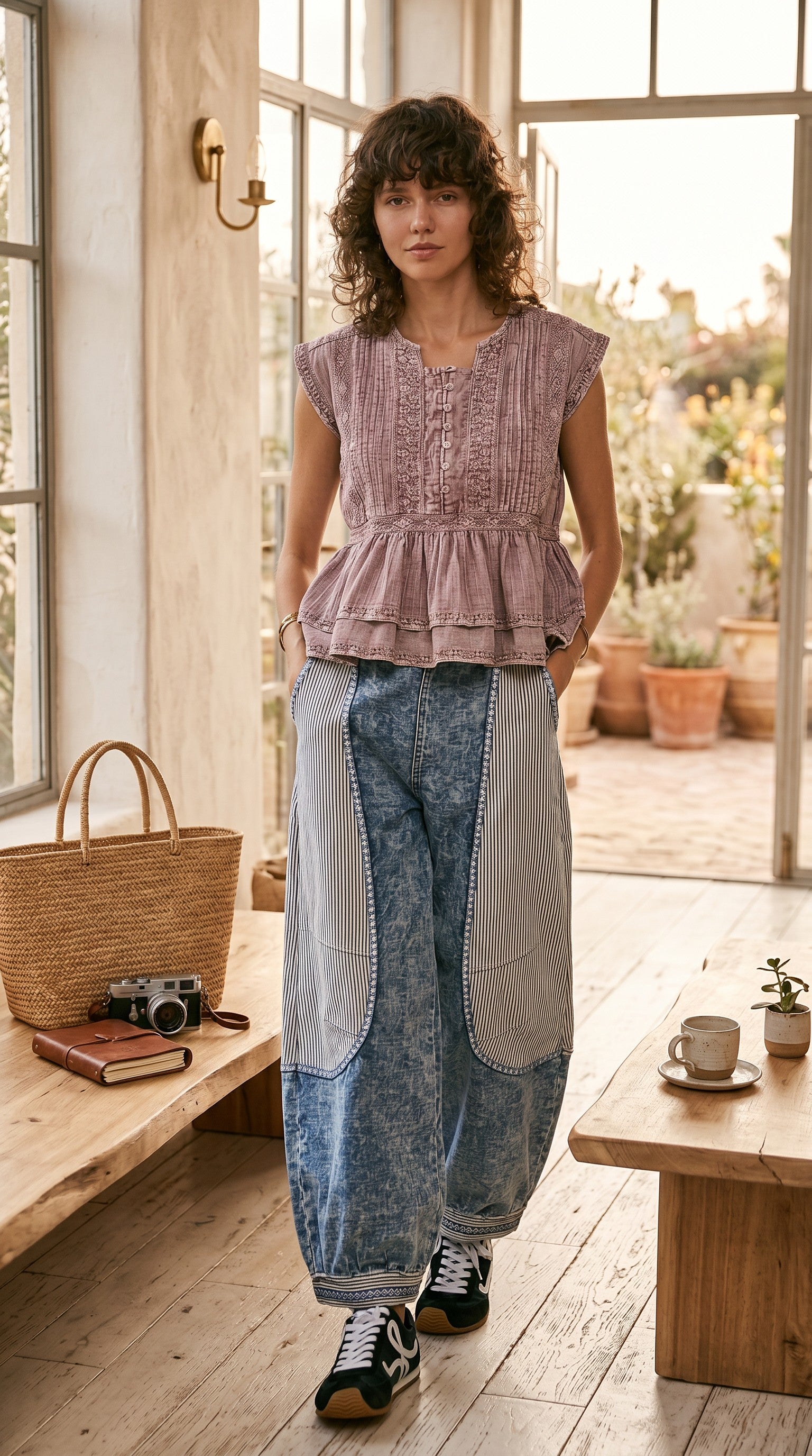 A woman stands in a bright, rustic indoor setting wearing a dusty mauve peplum top and wide-leg patchwork jeans with denim and light gray panels. She is styled with black sneakers, and the background features wooden floors, a bench with a straw bag, and a table with a cup.