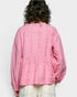 Person wearing a pink embroidered blouse with white pants on a light gray background